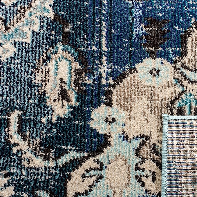 SAFAVIEH Monaco Collection Accent Rug - 4' x 5'7", Navy & Light Blue, Medallion Distressed Design, Non-Shedding & Easy Care, Ideal for High Traffic Areas in Entryway, Living Room, Bedroom (MNC243N)
