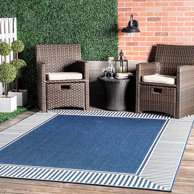 Nuloom Asha Navy/Ivory, 2' x 3', Casual, Striped Border, Soft and Cozy, High Traffic, Stain Resistant, Easy Clean, Durable Area Rug for Indoor/Outdoor Patio, Deck, Porch, Garden, Courtyard