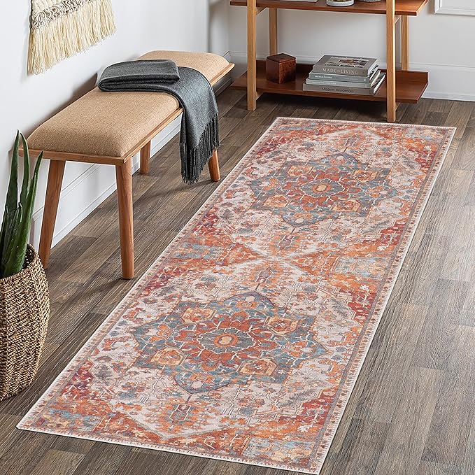 GLN Rugs Traditional Collection - Machine Washable Area Rug, Traditional Washable, Non Slip, Low Pile Chenille Rug, Living Room, Bedroom, Kitchen Rug (2'6" x 7' Cream/Terra)