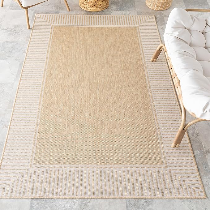 Nuloom Asha Tan/Ivory, 6'7" x 9', Casual, Striped Border, Soft and Cozy, High Traffic, Stain Resistant, Easy Clean, Durable Area Rug for Indoor/Outdoor Patio, Deck, Porch, Garden, Courtyard