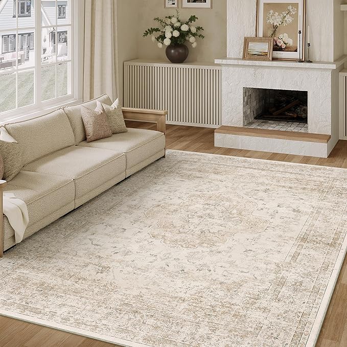 6x9 Washable Area Rug Beige Vintage Distressed Large Rug for Living Room Oriental Soft Thin Indoor Retro Carpet Non Slip Low Pile Floor Cover for Bedroom Dining Room Office Nursery