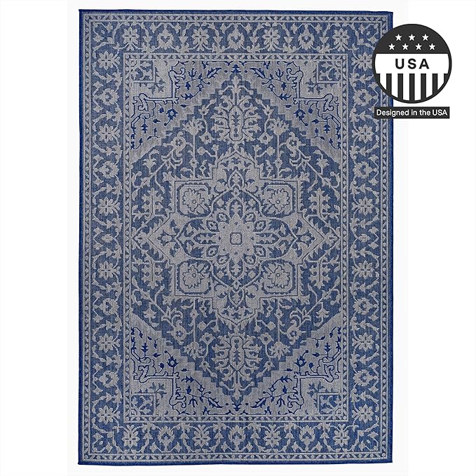 FH Home Flat Woven Outdoor Rug - Waterproof, Easy to Clean, Stain Resistant - Premium Polypropylene Yarn - Vintage - Patio, Deck, Porch,Balcony,Laundry Room - Amol - Blue - 3ft 11 in x 5ft 6in
