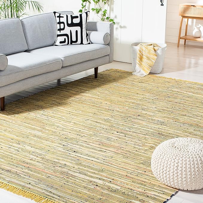 SAFAVIEH Rag Rug Collection Area Rug - 9' x 12', Yellow & Multi, Handmade Boho Stripe Cotton, Ideal for High Traffic Areas in Living Room, Bedroom (RAR121H)