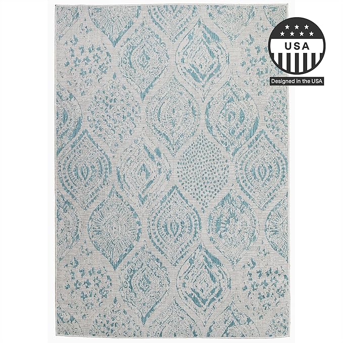 FH Home Outdoor Rug - Waterproof Easy to Clean Stain Resistant - Patio Indoor Outdoor Porch Deck Balcony Entryway - Distressed Farmhouse - Granada - Aqua - 6' x 9'