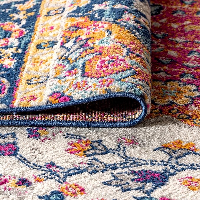 JONATHAN Y Boho Vintage Blue/Multi 6x9 Oval Area Rug, Bohemian Flair Medallion, Floral Easy-Cleaning High Traffic for Living Room, Bedroom, Kitchen, Pet-Friendly, Non Shedding (BMF106A-6OV)
