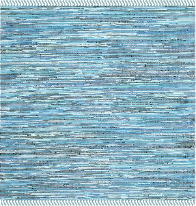 SAFAVIEH Rag Rug Collection Area Rug - 4' Square, Blue & Multi, Handmade Boho Stripe Cotton, Ideal for High Traffic Areas in Living Room, Bedroom (RAR121B)
