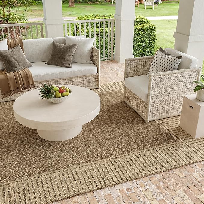 Nuloom Asha Light Brown/Ivory, 8' x 10', Casual, Striped Border, Soft and Cozy, High Traffic, Stain Resistant, Easy Clean, Durable Area Rug for Indoor/Outdoor Patio, Deck, Porch, Garden, Courtyard