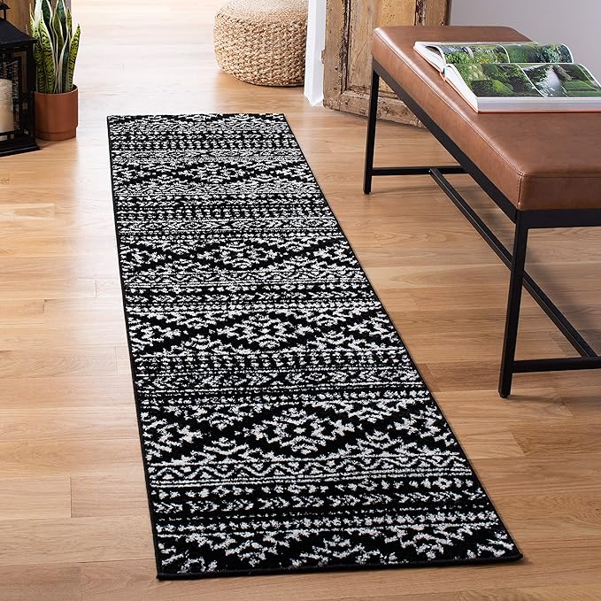 SAFAVIEH Tulum Collection Runner Rug - 2' x 9', Black & Ivory, Moroccan Boho Tribal Design, Non-Shedding & Easy to Clean, Ideal for Living Room, Hallway, Foyer, Entryway, Bedroom (TUL272Z)
