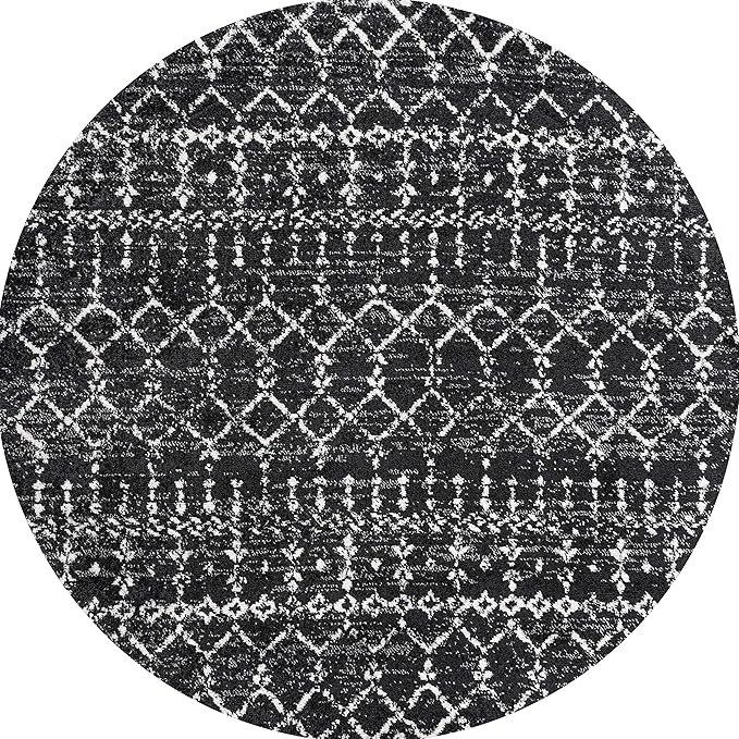 JONATHAN Y Boho Vintage Diamond Black/Ivory Round Area Rug 5 ft, Moroccan Hype for Living Room, Bedroom, Kitchen, Office, Easy-Cleaning, High Traffic, Pet-Friendly, Non-Shedding (MOH101D-5R)