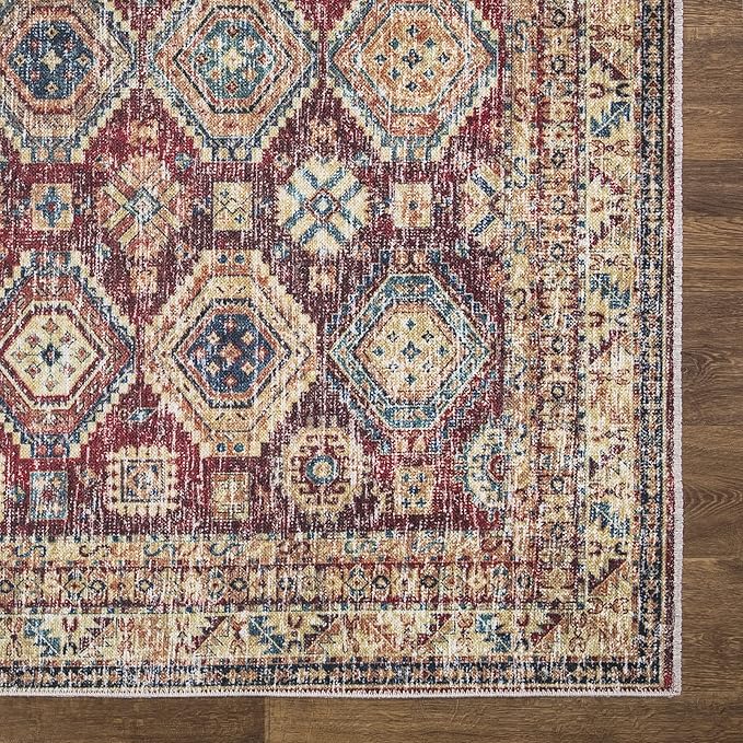 Bloom Rugs Caria Washable Non-Slip 4x6 Rug - Dark Red/Multicolor Traditional Area Rug for Living Room, Bedroom, Dining Room, and Kitchen - Exact Size: 4' x 6'