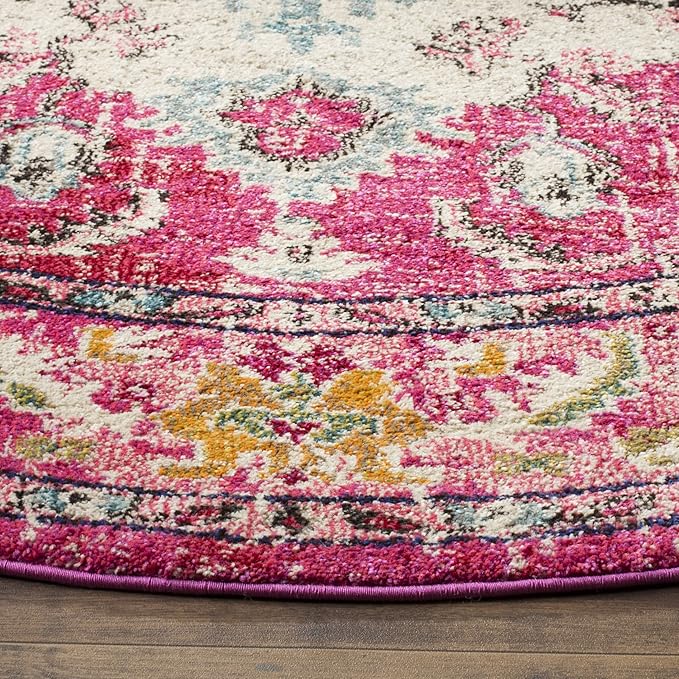 SAFAVIEH Monaco Collection Area Rug - 5' Round, Pink & Multi, Boho Chic Medallion Distressed Design, Non-Shedding & Easy Care, Ideal for High Traffic Areas in Living Room, Bedroom (MNC243D)