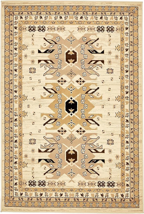 Unique Loom Taftan Collection Border Geometric Tribal Inspired Design Area Rug (4' 0 x 6' 0 Rectangular, Ivory/ Tan)