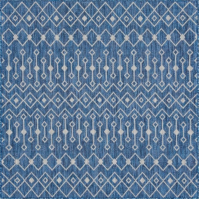 Unique Loom Outdoor Trellis Collection Area Rug - Tribal Trellis (6' 1" Square, Blue/ Ivory)