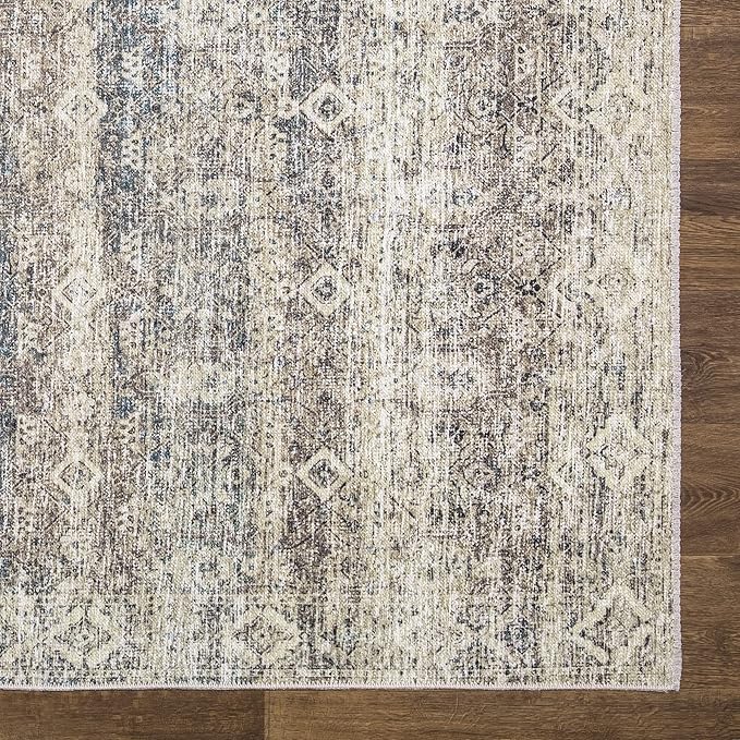 Bloom Rugs Caria Washable Non-Slip 4x6 Rug - Beige Brown/Teal Traditional Area Rug for Living Room, Bedroom, Dining Room, and Kitchen - Exact Size: 4' x 6'