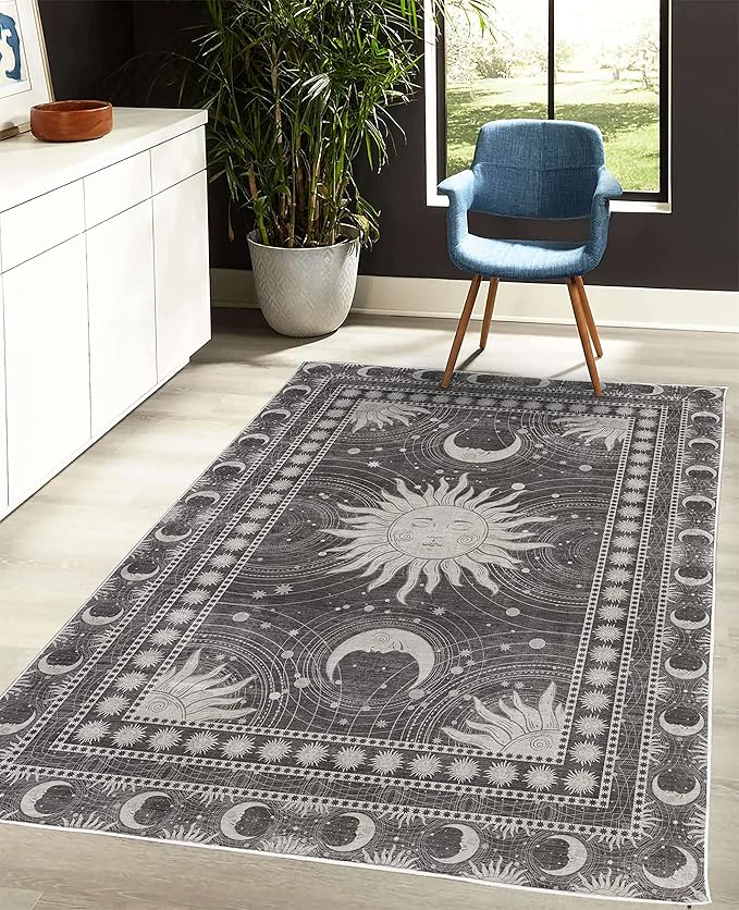 Ambesonne Sun and Moon Decorative Rug, Bohemian Artwork Design of Crescent Solar Ornament Esoteric Stars Ornaments, Quality Carpet for Bedroom Dorm and Living Room, 4' X 5' 5", Dark Taupe