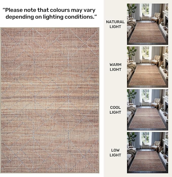 GLN Rugs Contemporary Collection - Machine Washable Area Rug, Contemporary Washable, Non Slip, Low Pile Chenille Rug, Living Room, Bedroom, Kitchen Rug (2'6" x 7' Terra/Brown)