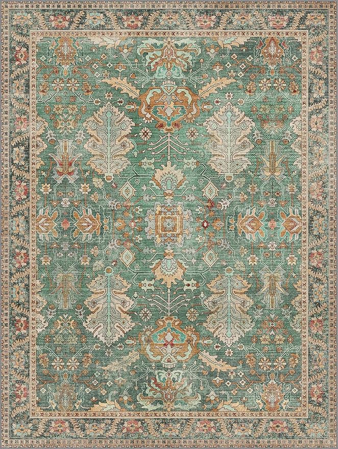 Bavni Washable Rug-9x12 Area Rugs for Bedroom Non-Slip, Ultra Thin Low Pile Living Room Rug, Modern Printed Decorative Rug for Dinning Room Office, Sage/Gold