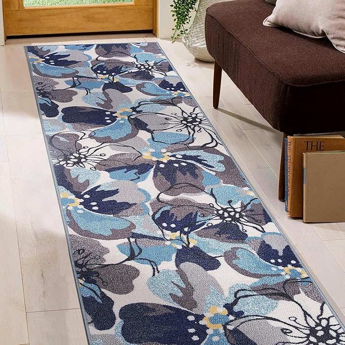 Rugshop Modern Large Floral Non-Slip (Non-Skid) Area Rug Runner 2' X 7' (22" X 84") Gray-Blue
