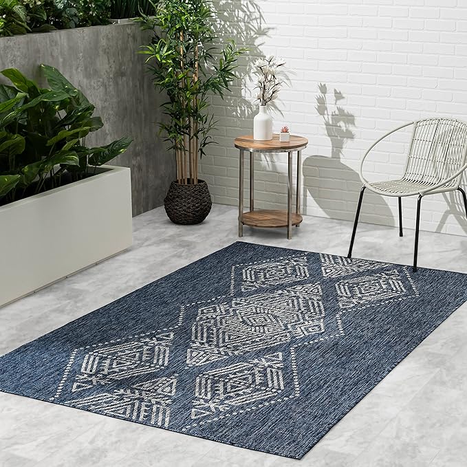 FH Home Outdoor Rug - Waterproof Easy to Clean Stain Resistant - Patio Indoor Outdoor Porch Deck Balcony Entryway - Boho Moroccan - Ariana - Blue - 5ft 2in x 7ft 6in