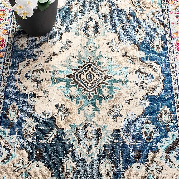 SAFAVIEH Monaco Collection Runner Rug - 2'2" x 22', Navy & Light Blue, Boho Chic Medallion Distressed Design, Non-Shedding & Easy Care, Ideal for High Traffic Areas in Living Room, Bedroom (MNC243N)