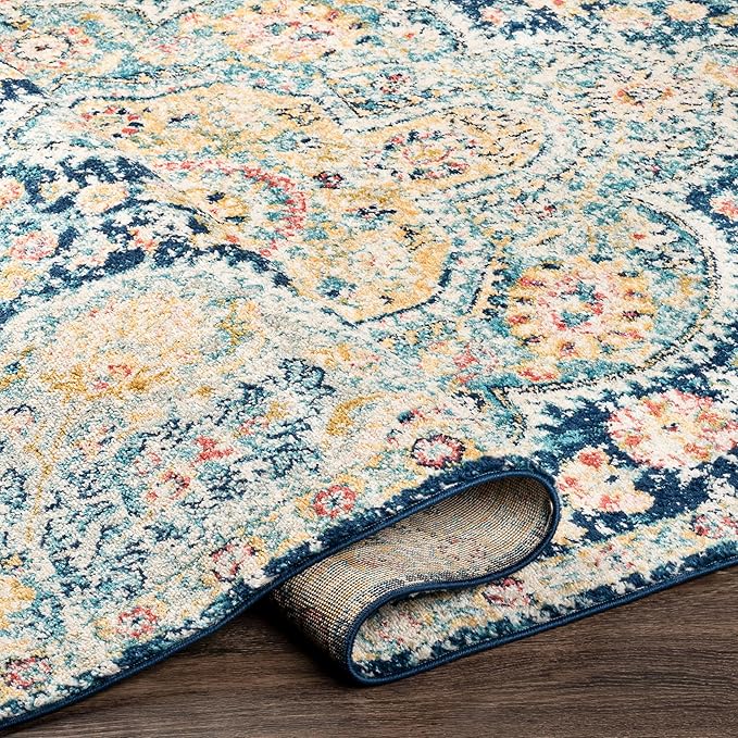 Livabliss Area Rugs - 3x7 Romaine Vintage Boho Navy Sky Blue Rose Runner Area Rug for Living Room Bedroom - Floral Medallion Stain Resistant Carpet for Kitchen, Nursery, Office (2'7" x 7'6", Runner)