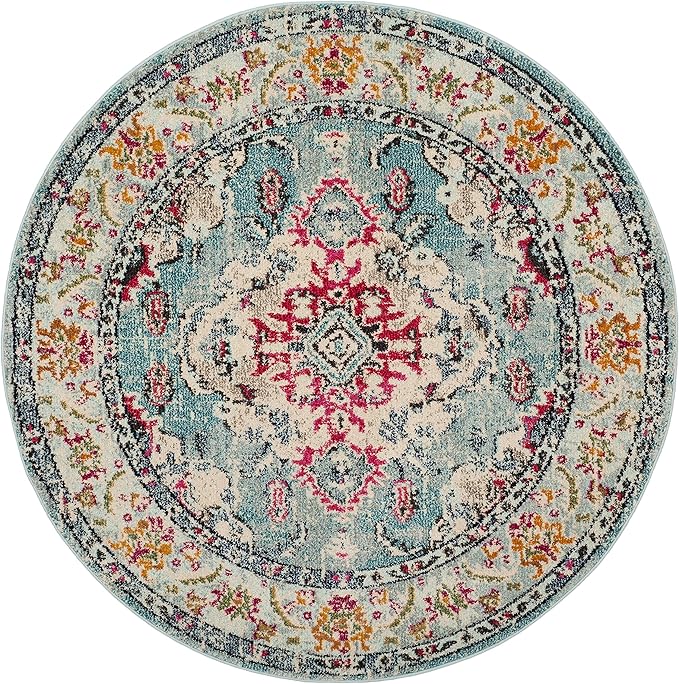SAFAVIEH Monaco Collection Area Rug - 8'8" Round, Light Blue & Fuchsia, Boho Chic Medallion Distressed Design, Non-Shedding & Easy Care, Ideal for High Traffic Areas in Living Room, Bedroom (MNC243J)