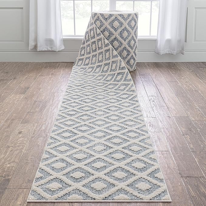 Well Woven Custom Size Runner - Choose Your Length - Ainsley Blue Diamond Trellis Geometric Tribal - 27 Inches Wide x 6 Feet Long Runner (27" x 6' Runner) Rug