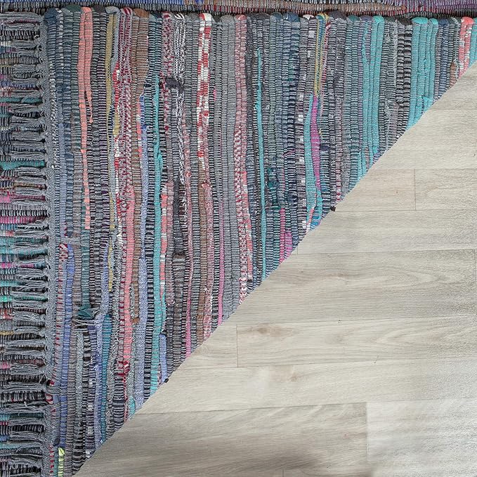 SAFAVIEH Rag Rug Collection Runner Rug - 2'3" x 6', Aqua & Multi, Handmade Boho Stripe Cotton, Ideal for High Traffic Areas in Living Room, Bedroom (RAR121K)