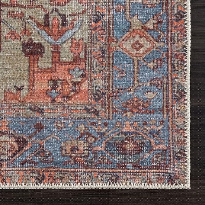 Bloom Rugs Washable 7 ft Runner - Terracotta/Blue Traditional Runner for Entryway, Hallway, Bathroom, and Kitchen - Exact Size: 2.5' x 7'