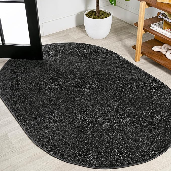 Eyely UES100I-5OV Supersoft Haze Solid Low-Pile Indoor Area Rug, Coastal, Bohemian, Minimalist, Classic, Casual for Bedroom,Kitchen,Living Room,Non Shedding,Easy-Washing, Black, 5 X 8 Oval
