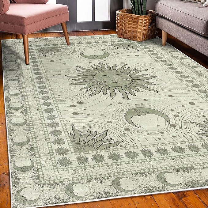 Ambesonne Sun and Moon Decorative Rug, Bohemian Artwork Design of Crescent Solar Ornament Esoteric Stars Ornaments, Quality Carpet for Bedroom Dorm and Living Room, 5' 1" X 7' 5", Pale Reseda