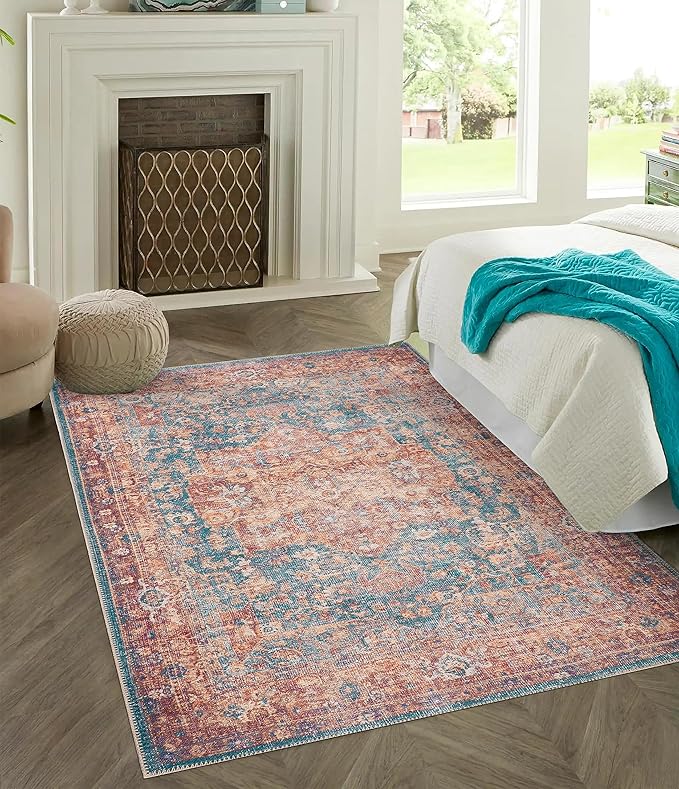 GLN Rugs Traditional Collection - Machine Washable Area Rug, Traditional Washable, Non Slip, Low Pile Chenille Rug, Living Room, Bedroom, Kitchen Rug (5' x 7' Terra/Green)