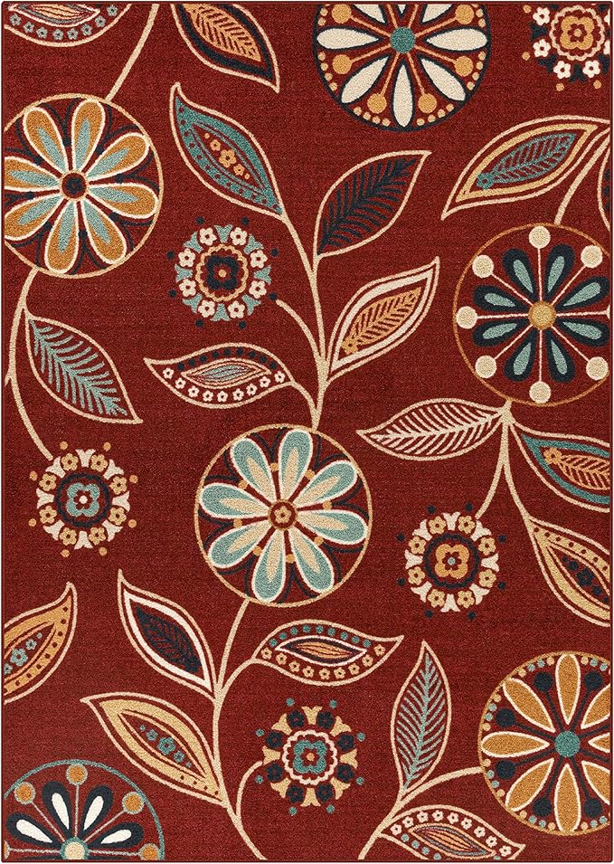 Maples Rugs Reggie Floral Area Rug - Made in USA - Low Pile, Non Slip, Pet-Friendly Mat for Living Room, Bedroom, and Office, 7' x 10', Merlot