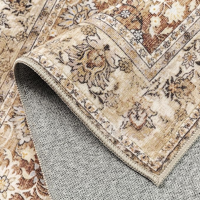 HUGEAR 5x7 Machine Washable Rugs Brown Beige Hallway Area Rug Indoor Accent Rug Floral Low Pile Carpet Soft Throw Aesthetic Rug Bedroom Living Room Office Dining Room Kitchen Laundry Room Non Slip