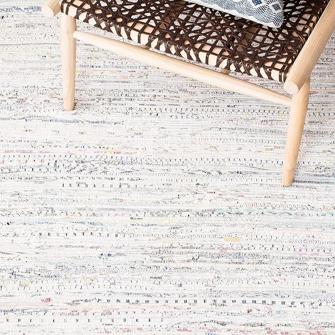 SAFAVIEH Rag Rug Collection Area Rug - 7' Square, Ivory & Multi, Handmade Boho Stripe Cotton, Ideal for High Traffic Areas in Living Room, Bedroom (RAR121G)