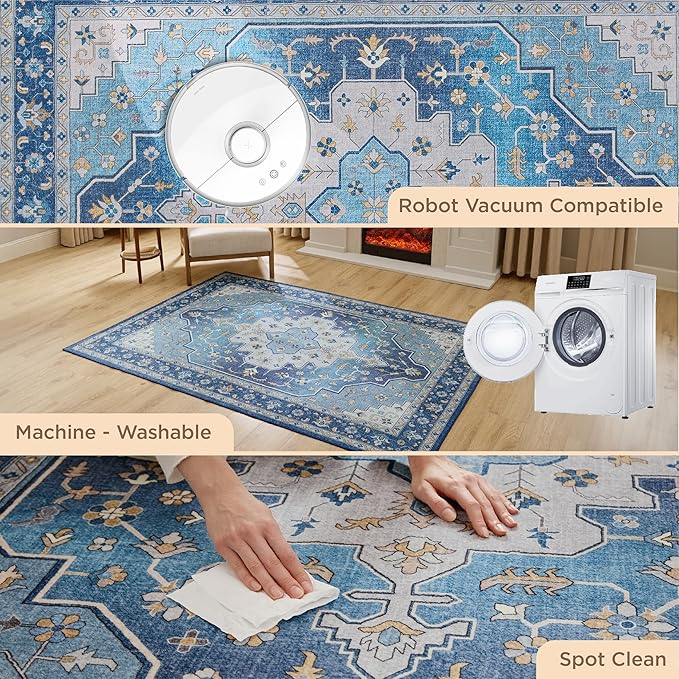 Bedsure 3x5 Area Rugs for Living Room, Machine Washable Rugs, Non-Slip Backing, Non-Shedding, Vintage Low Pile Easy Care Throw Carpet for Bedroom Dining Room, Taupe