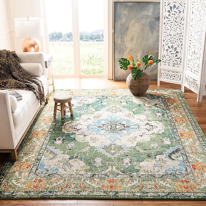 SAFAVIEH Monaco Collection Area Rug - 10' x 14', Forest Green & Light Blue, Medallion Distressed Design, Non-Shedding & Easy Care, Ideal for High Traffic Areas in Living Room, Bedroom (MNC243F)
