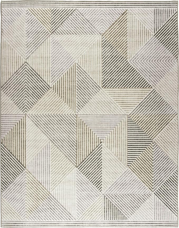 ReaLife Rugs Machine Washable Area Rug - Living Room Bedroom Bathroom Kitchen Entryway Office - Padded Low Pile Stain Resistant Premium - Modern Geometric Contemporary - Miles - Beige 5' x 7'