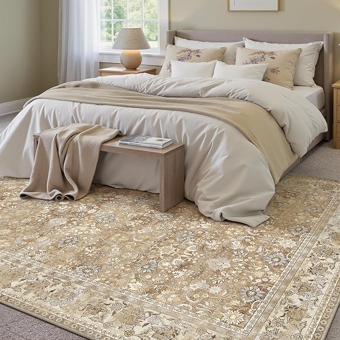 HUGEAR 5x7 Machine Washable Rugs Brown Beige Hallway Area Rug Indoor Accent Rug Floral Low Pile Carpet Soft Throw Aesthetic Rug Bedroom Living Room Office Dining Room Kitchen Laundry Room Non Slip