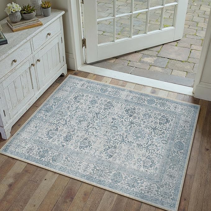 Blue Area Rug 2x3 Entryway Washable Soft Carpet Vintage Non Slip Indoor Kitchen Entrance Door Mat Traditional Retro Distressed Small Thicker Throw Rug Bathroom Laundry Bedroom