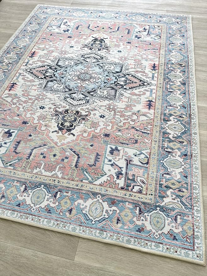 Fame Living Faded Oushak Rug, Turkish Vintage Floral Pastel Large Oversized Area Rugs for Living Room Dining Bedroom Kitchen Bathroom Nursery (848CrNv, 2' x 3')