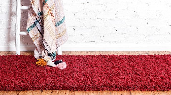 Unique Loom Solid Shag Collection Area Rug (2' 7" x 10' Runner, Cherry Red)