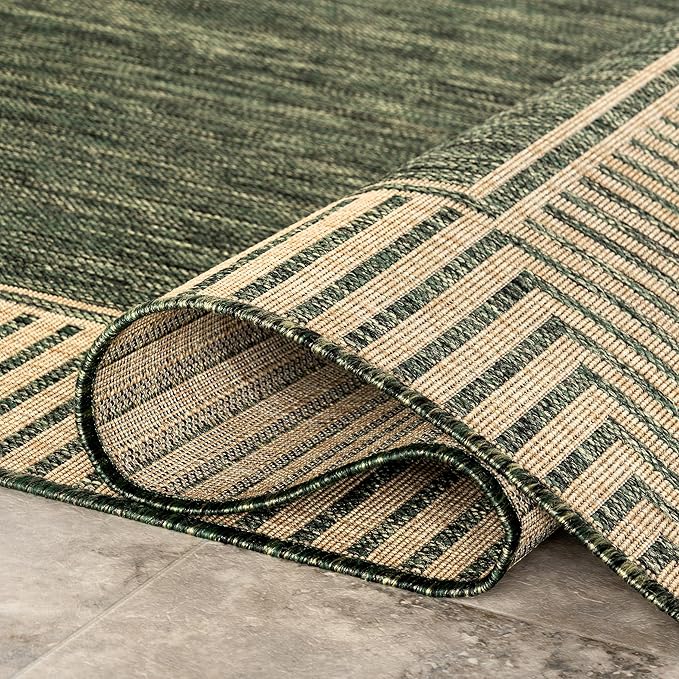 Nuloom Asha Green/Brown, 9'6" x 12', Casual, Striped Border, Soft and Cozy, High Traffic, Stain Resistant, Easy Clean, Durable Area Rug for Indoor/Outdoor Patio, Deck, Porch, Garden, Courtyard