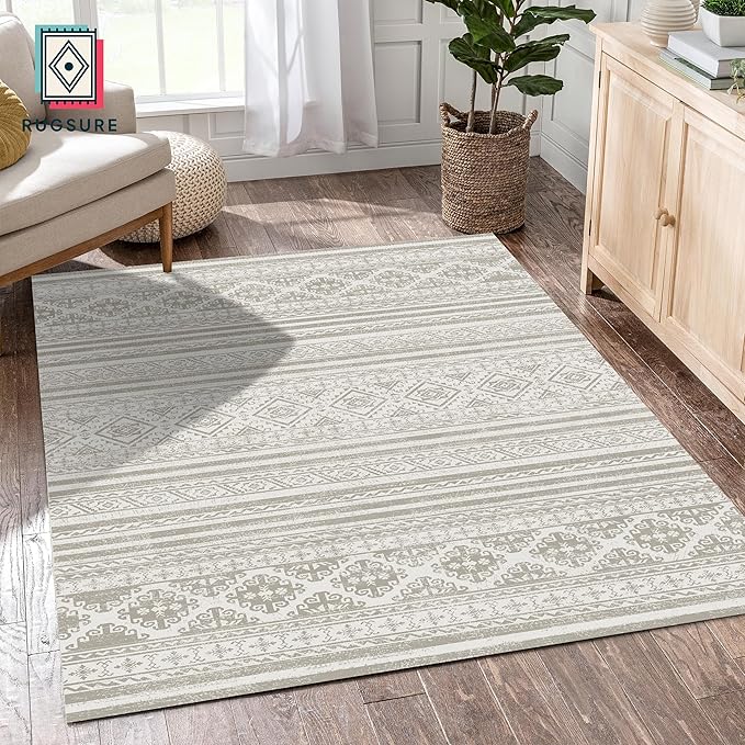 RUGSURE Washable Area Rugs 6' x 9' - 1/6 Thick - Moroccan-Inspired -Stain & Water Resistant Non-Slip - Resistant Rug for Living Room, Bedroom, Nursery, Pet & Child Friendly (Grey)