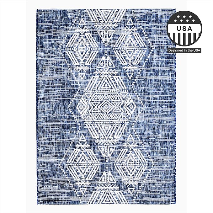 FH Home Outdoor Area Rug - Waterproof Easy to Clean Stain Resistant - Patio Indoor Outdoor Porch Deck Balcony Entryway - Boho Moroccan - Ariana - Blue - 7ft 10in x 10ft 9in