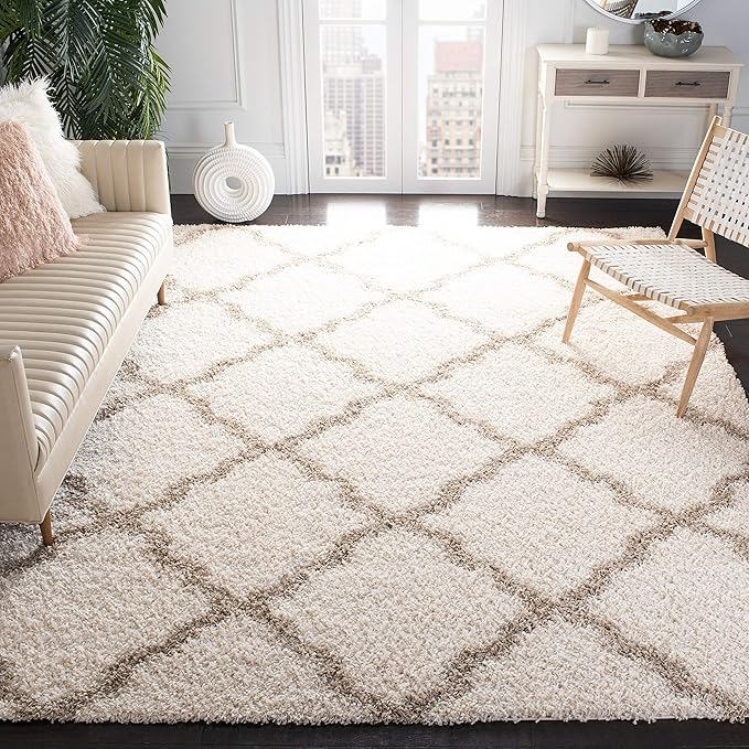 SAFAVIEH Dallas Shag Collection Area Rug - 6' Square, Ivory & Beige, Trellis Design, Non-Shedding & Easy Care, 1.5-inch Thick Ideal for High Traffic Areas in Living Room, Bedroom (SGD257B)