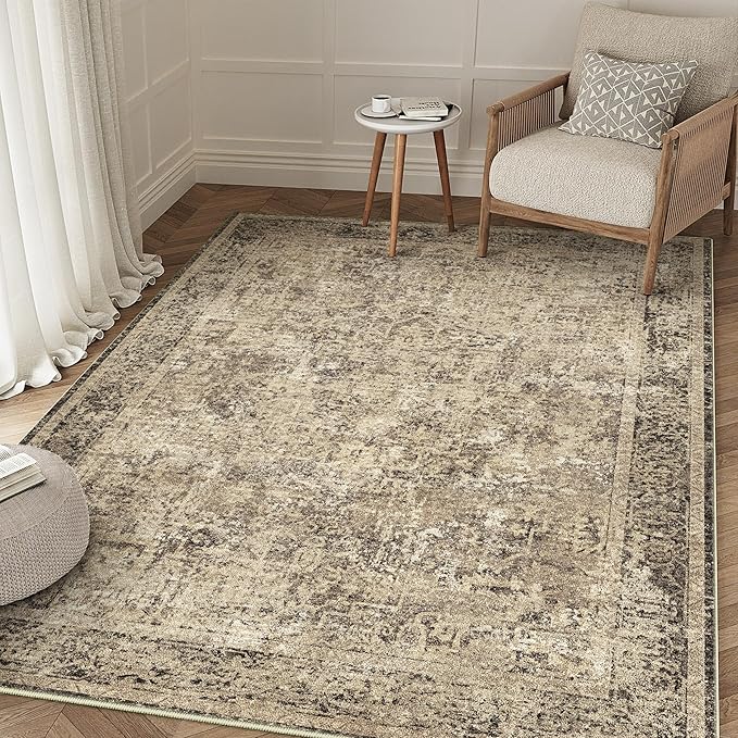 4x6 Area Rug Washable Vintage Neutral Entryway Living Room Carpet Indoor Office Non Slip Brown Entrance Distressed Low Pile Retro Accent Throw Rug for Dining Room Bathroom Bedroom Laundry