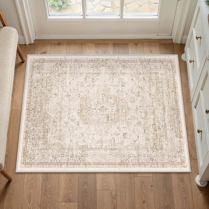 Entryway Area Rug 2x3 Beige Vintage Distressed Indoor Carpet Oriental Soft Thin Small Door Mat Non Slip Low Pile Throw Rug for Entrance Bathroom Bedroom Kitchen Laundry