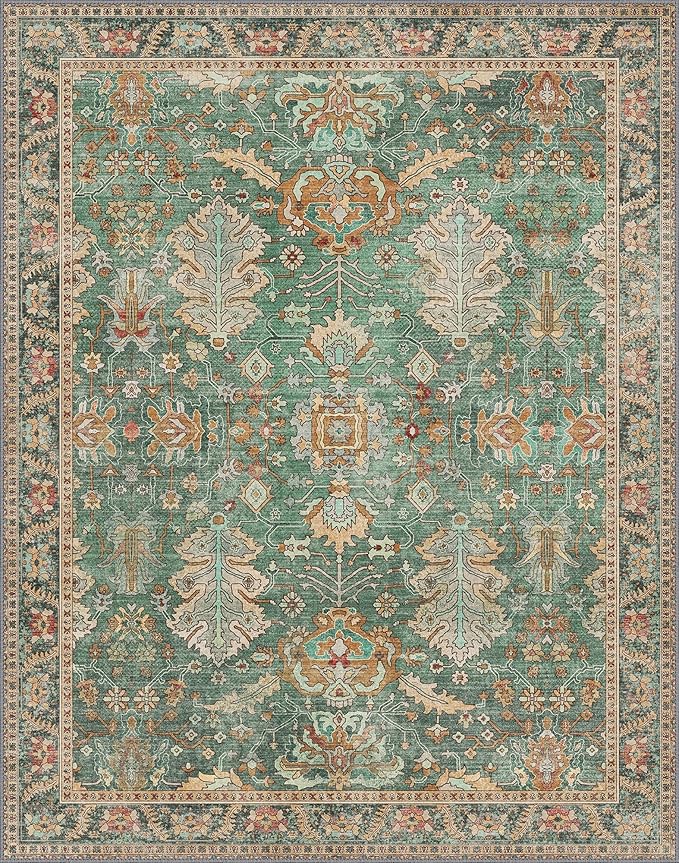 Bavni Living Room Rug, Modern Area Rugs 5x7 Non-Slip Washable, Chenille Printed Vintage Rugs for Bedroom Dinning Room Office, Sage/Gold