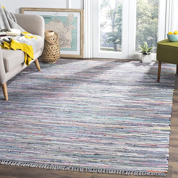 SAFAVIEH Rag Rug Collection Area Rug - 6' x 9', Aqua & Multi, Handmade Boho Stripe Cotton, Ideal for High Traffic Areas in Living Room, Bedroom (RAR121K)
